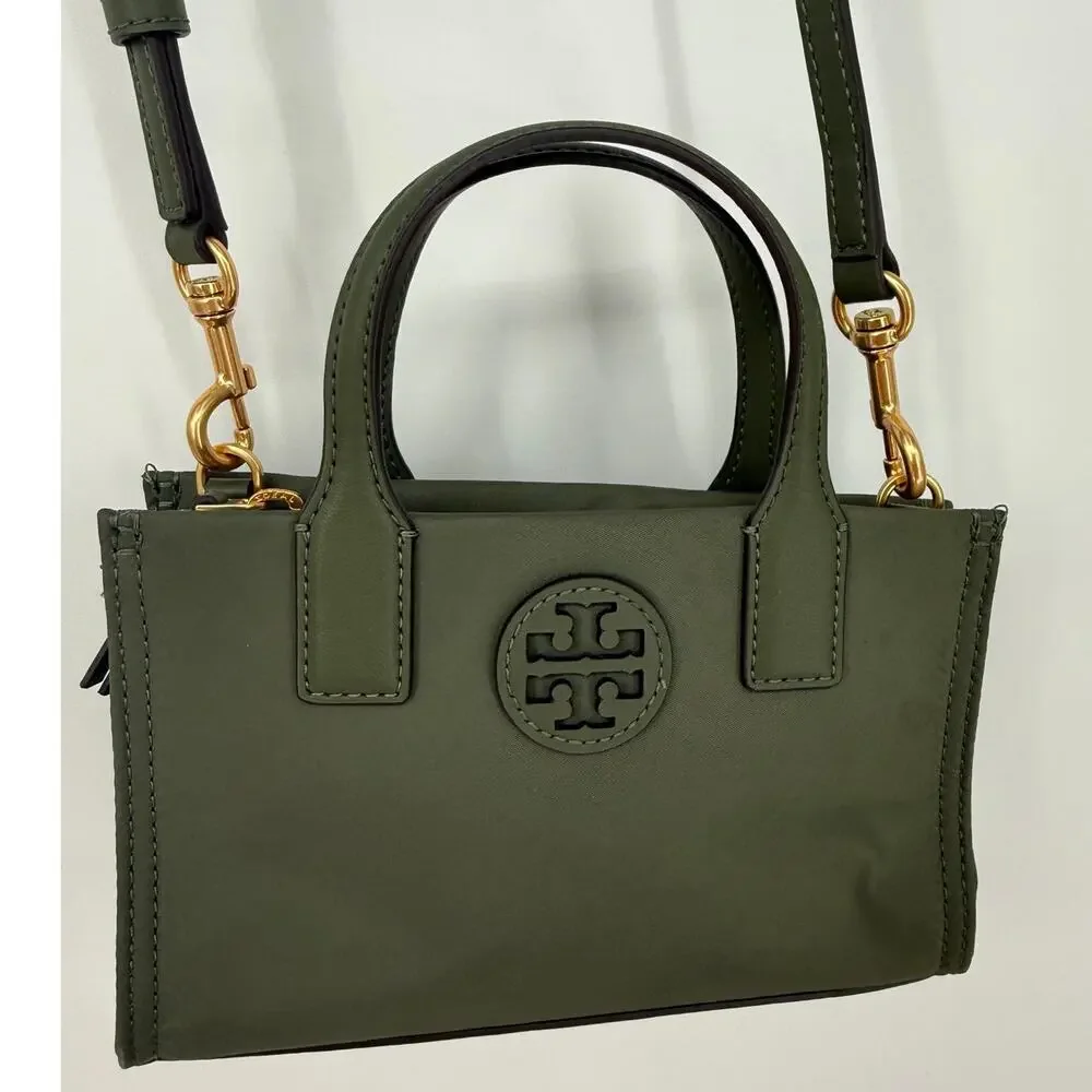 Tory Burch Ella Nylon Mini Baby Tote Purse Crossbody Strap Olive Palm Green